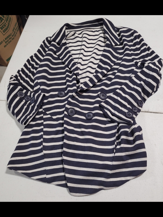 Jackets & Blazers - Striped Navy and White Double-Breasted Women's Blazer